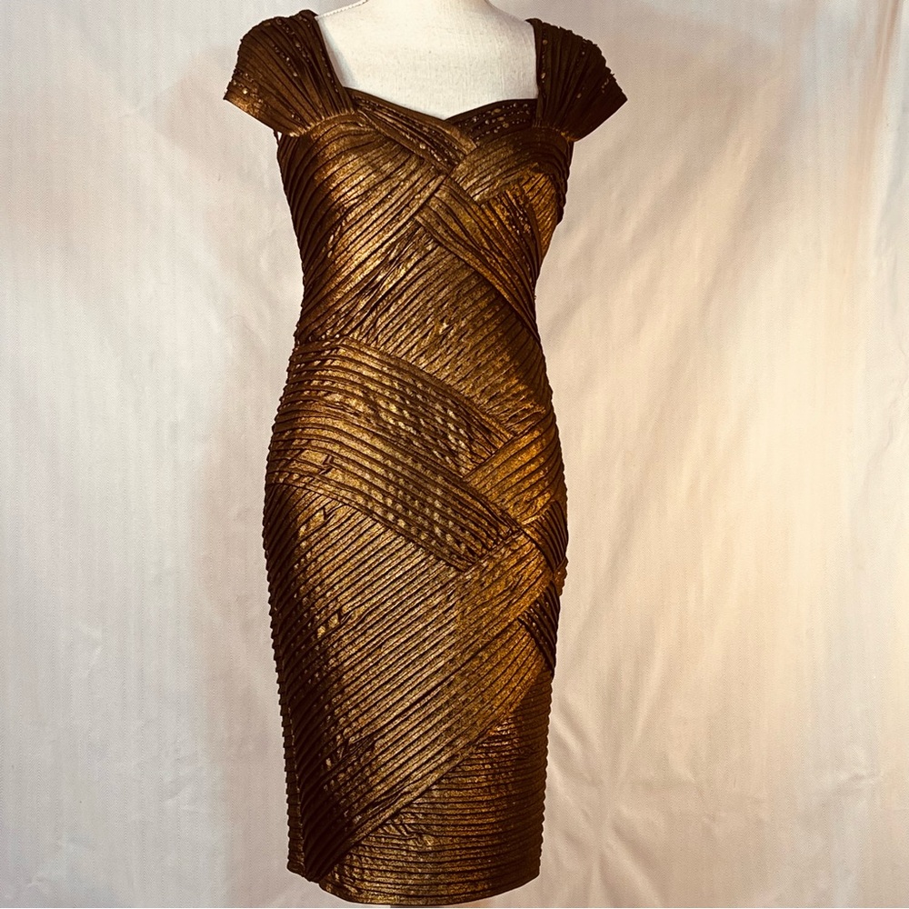 Tadashi Shoji Cocktail Dress Bronze Metallic Bodycon Beading On Cap Sleeve XSP👍